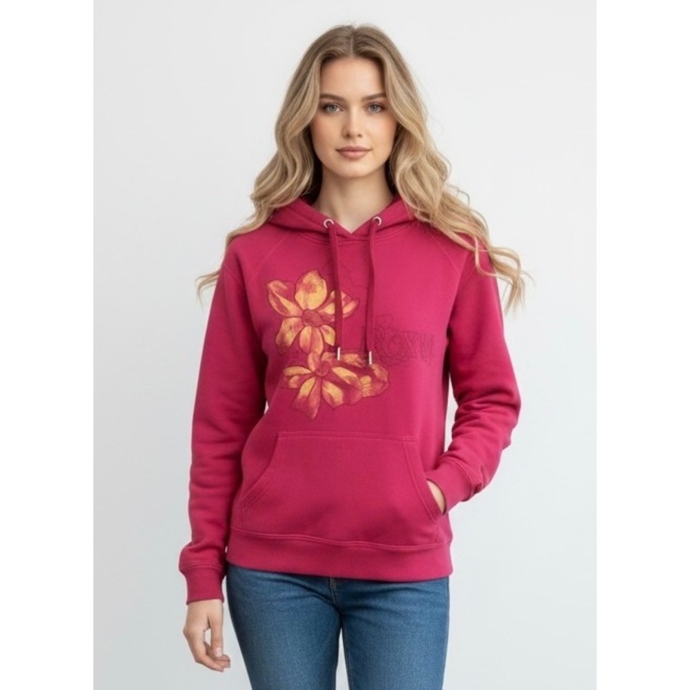 Roxy Juniors Magenta Pink Floral Graphic Pullover Hoodie Size Large
